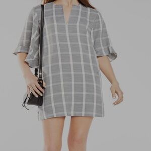 BCBGMaxazria Women's Tati Grey White Plaid Mini Linen Blend Dress Size-Small